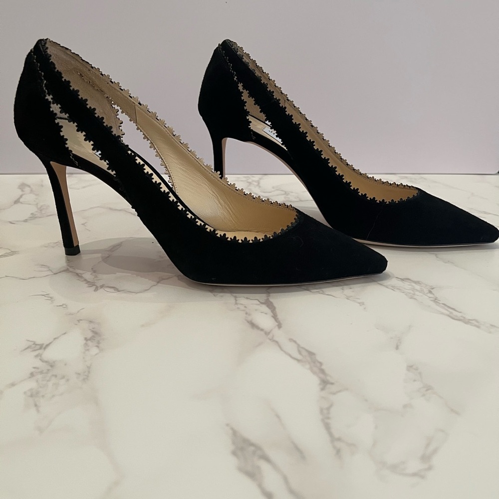 Jimmy Choo Diva 85 Black Suede (lace-like border around edges); Size 37.5